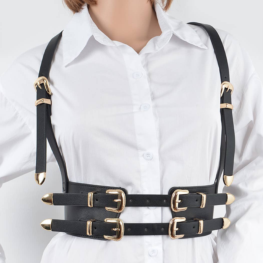 Multi Buckle Harness Belt - Black/Gold