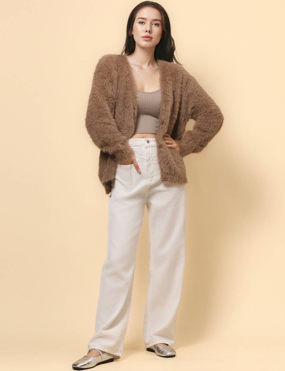 Ladies Solid Color Faux Mink V-Neck Cardigan - Khaki