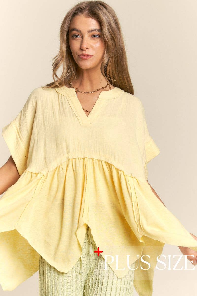 Curve V Neck Tunic Top - Pastel Lemon