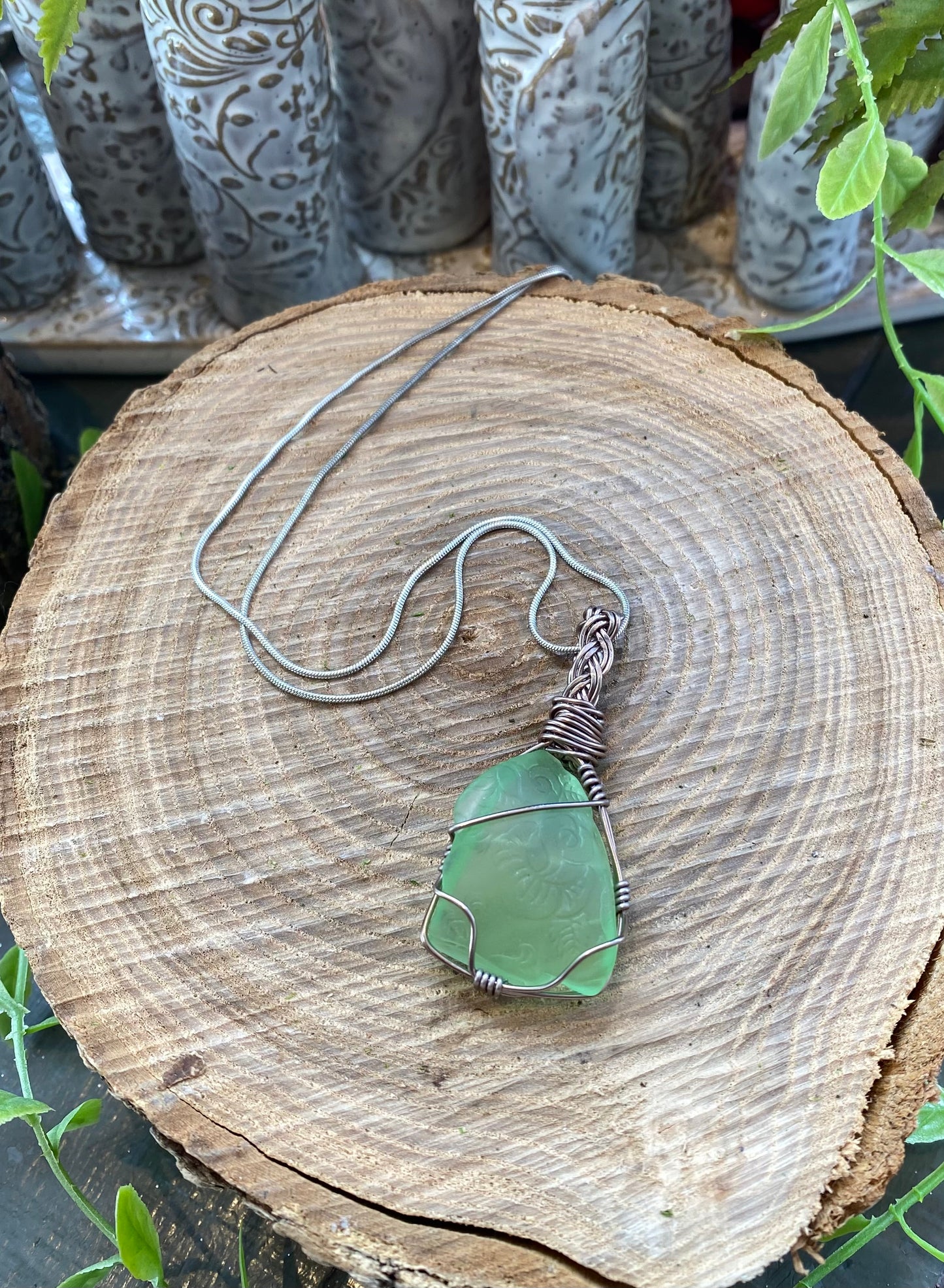 Silver Wrapped Uranium Glass Necklace #IV114