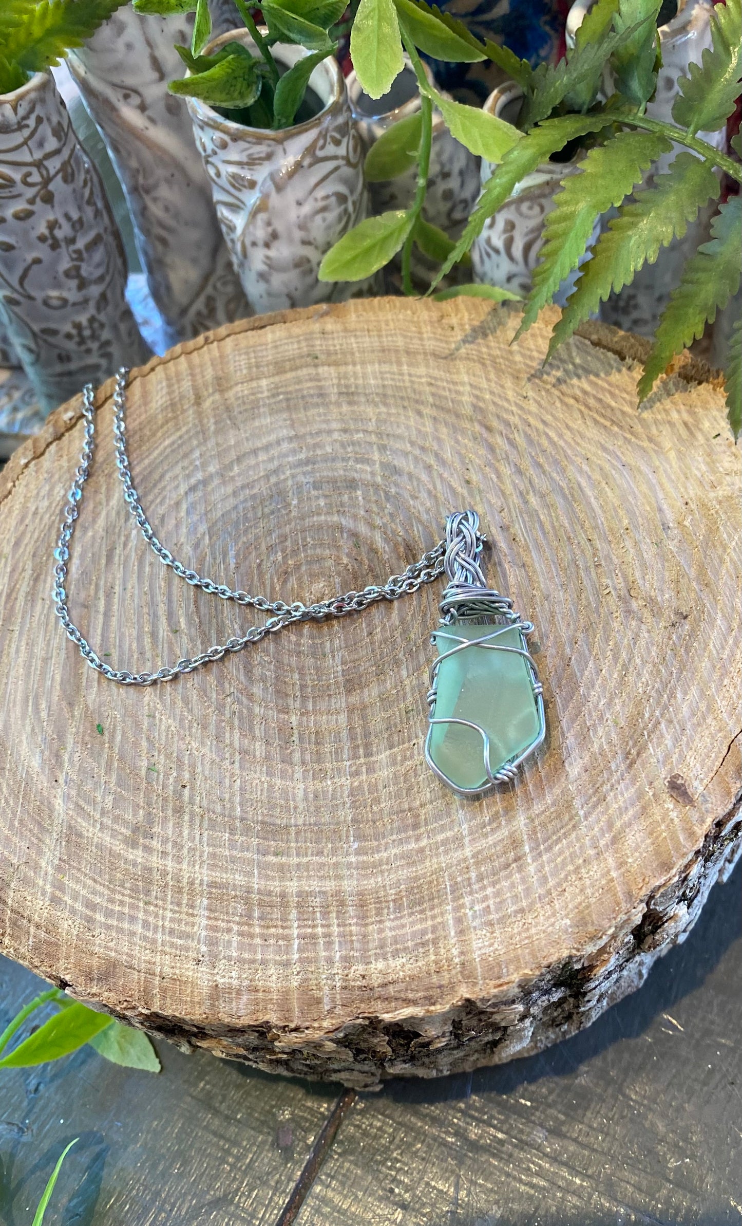 Silver Wrapped Uranium Glass Necklace #IV113