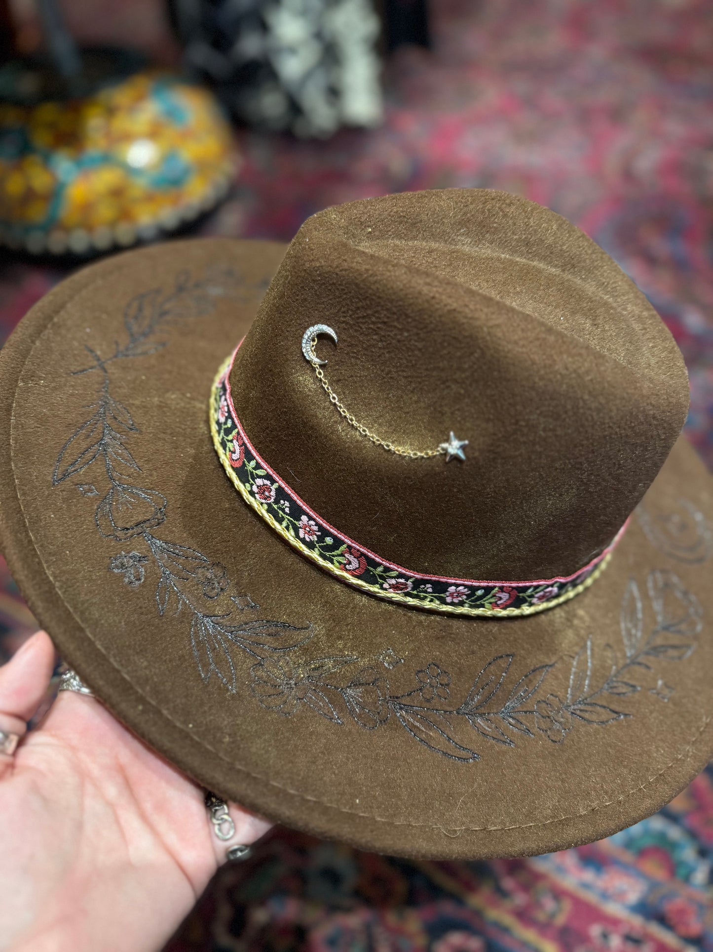 Burnt Floral Vines on NYMF Brown Marble Hat - Hannah King*