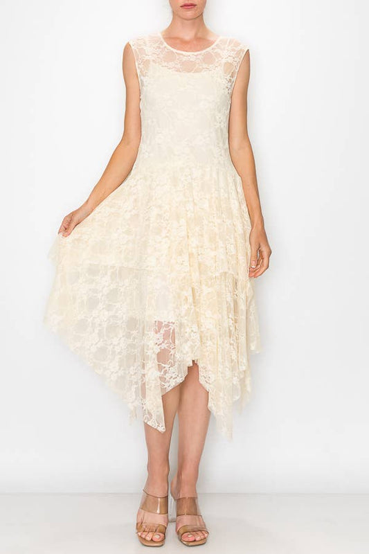 Whimsical Sleeveless Lace Midi Dress With Unattached Slip - Beige