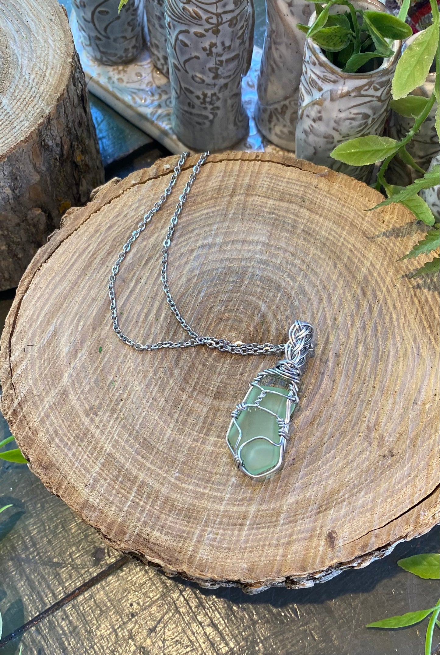Silver Wrapped Uranium Glass Necklace #IV113