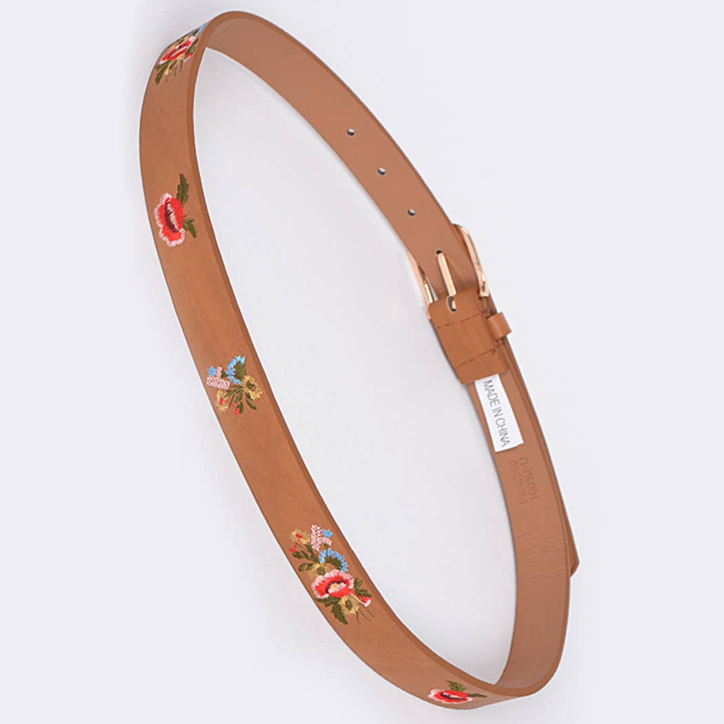 Plain Belt With Flower Details - Camel