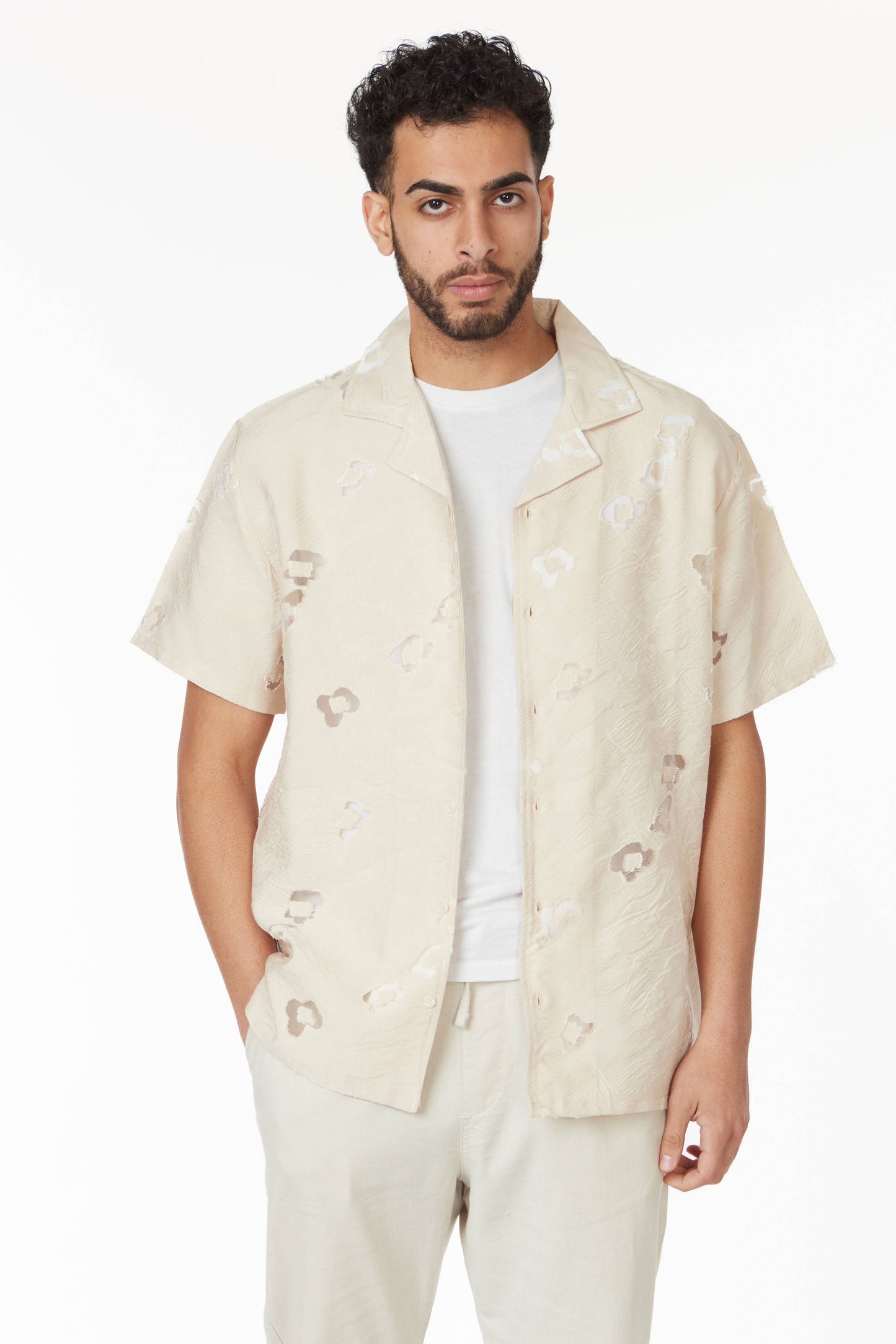 Textured Short Sleeve Men's Shirt - Ivory Floral