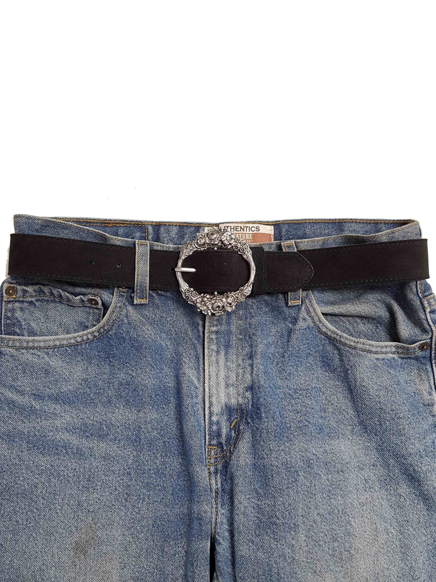Genuine Suede Leather w. Floral Etched Buckle - Black