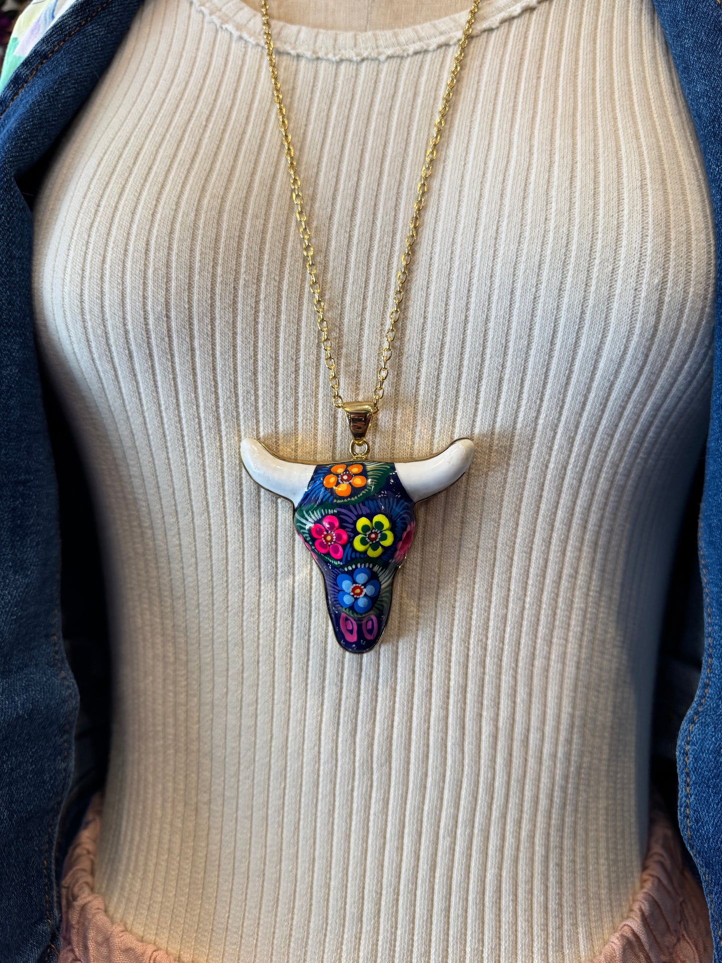 Hand Painted Ceramic Cow Skull Necklace