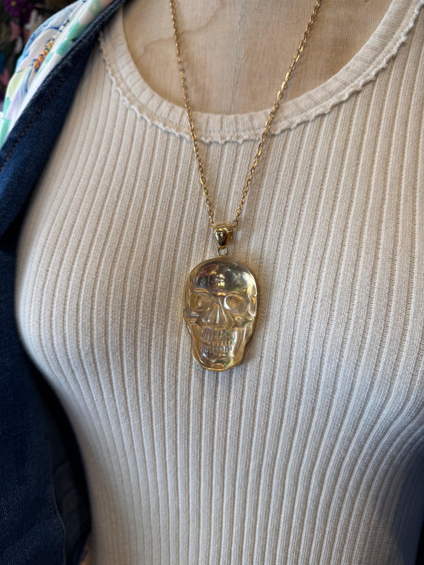 Clear Quartz Golden Skull Necklace