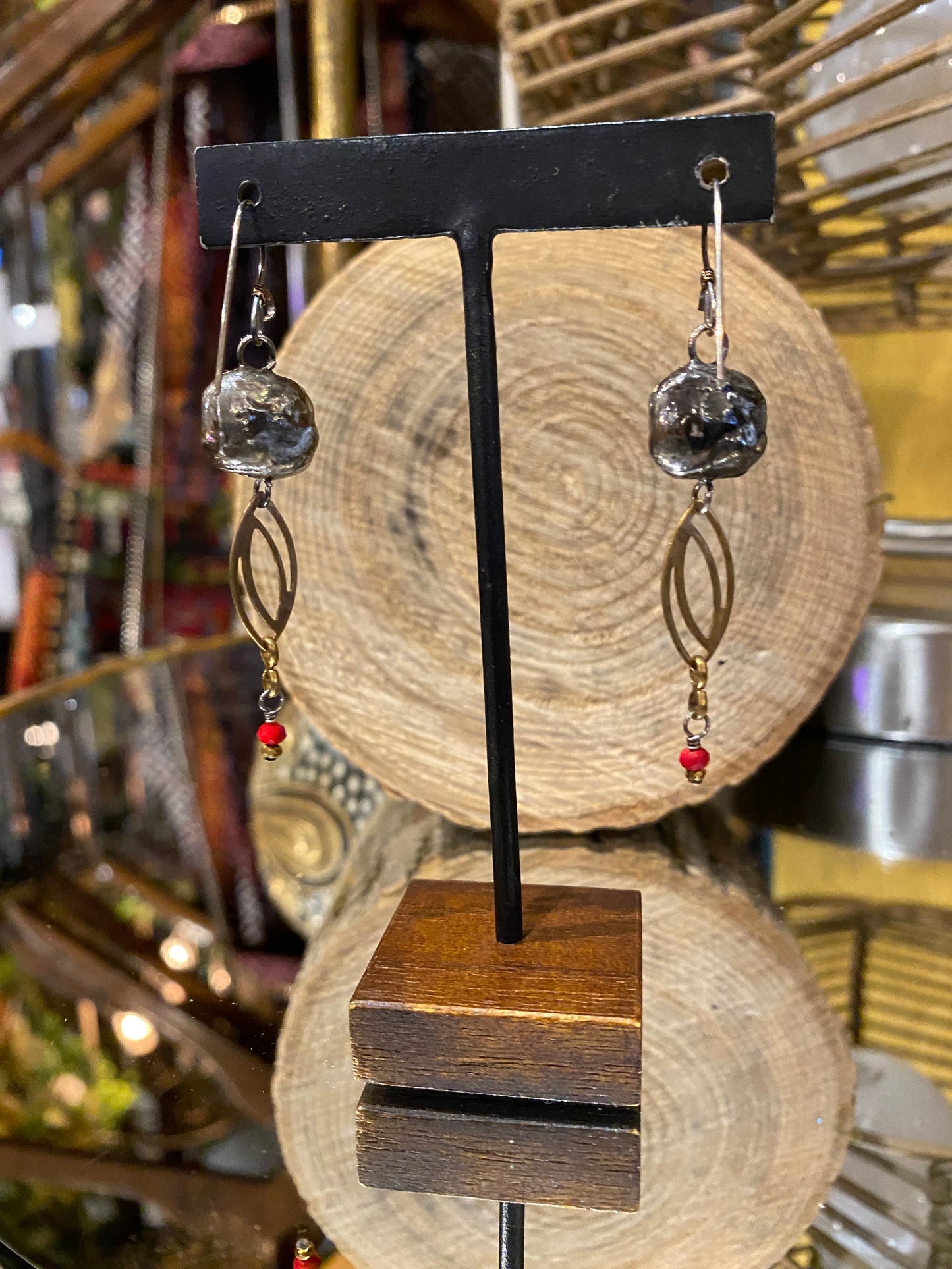 Vintage Glass & Brass Chain Earrings - Marbled Red