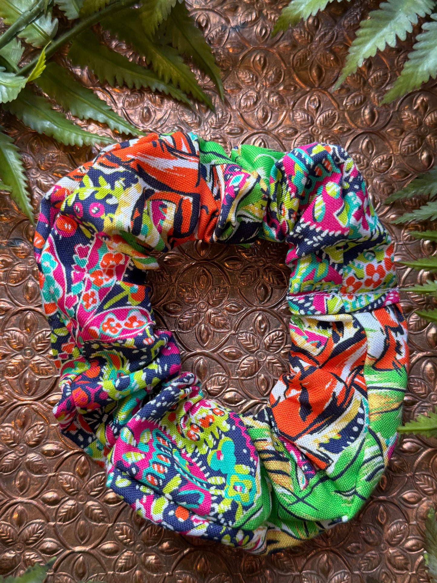 Tiger / Lime Green Leaves Scrunchie #SS16 (1)*