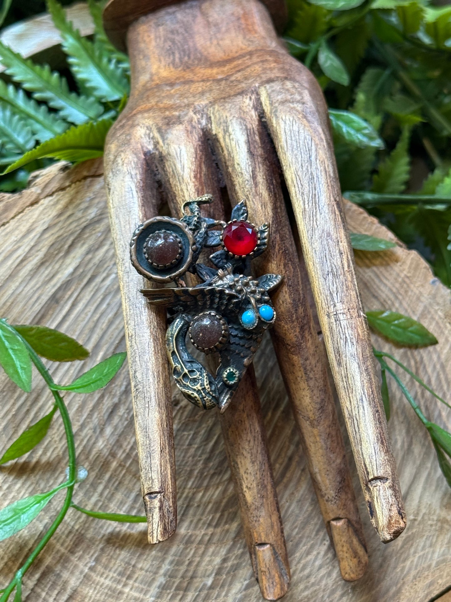 Winged Snake with Ruby, Turq, Emerald & Mocha Stone Ring