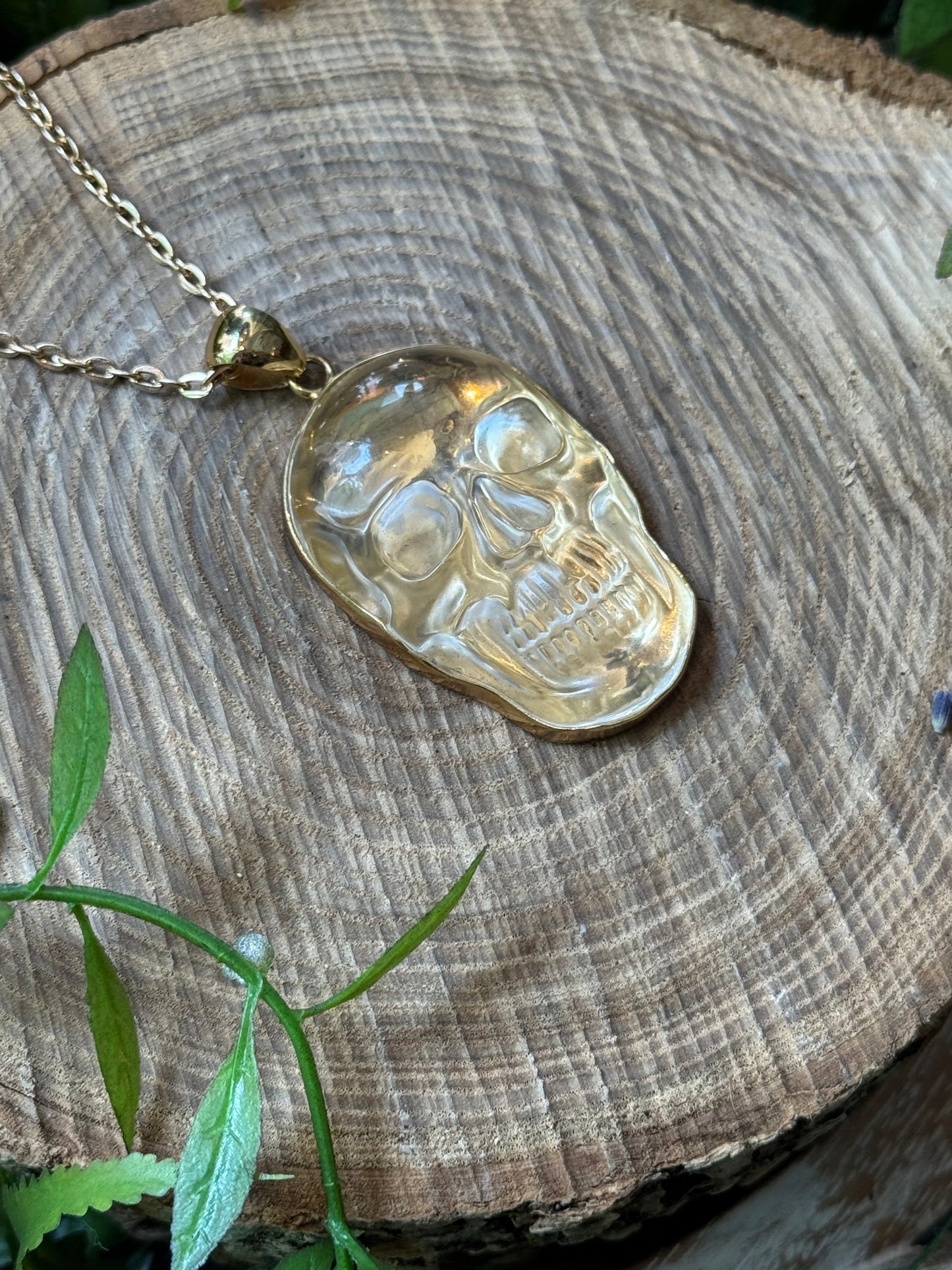Clear Quartz Golden Skull Necklace