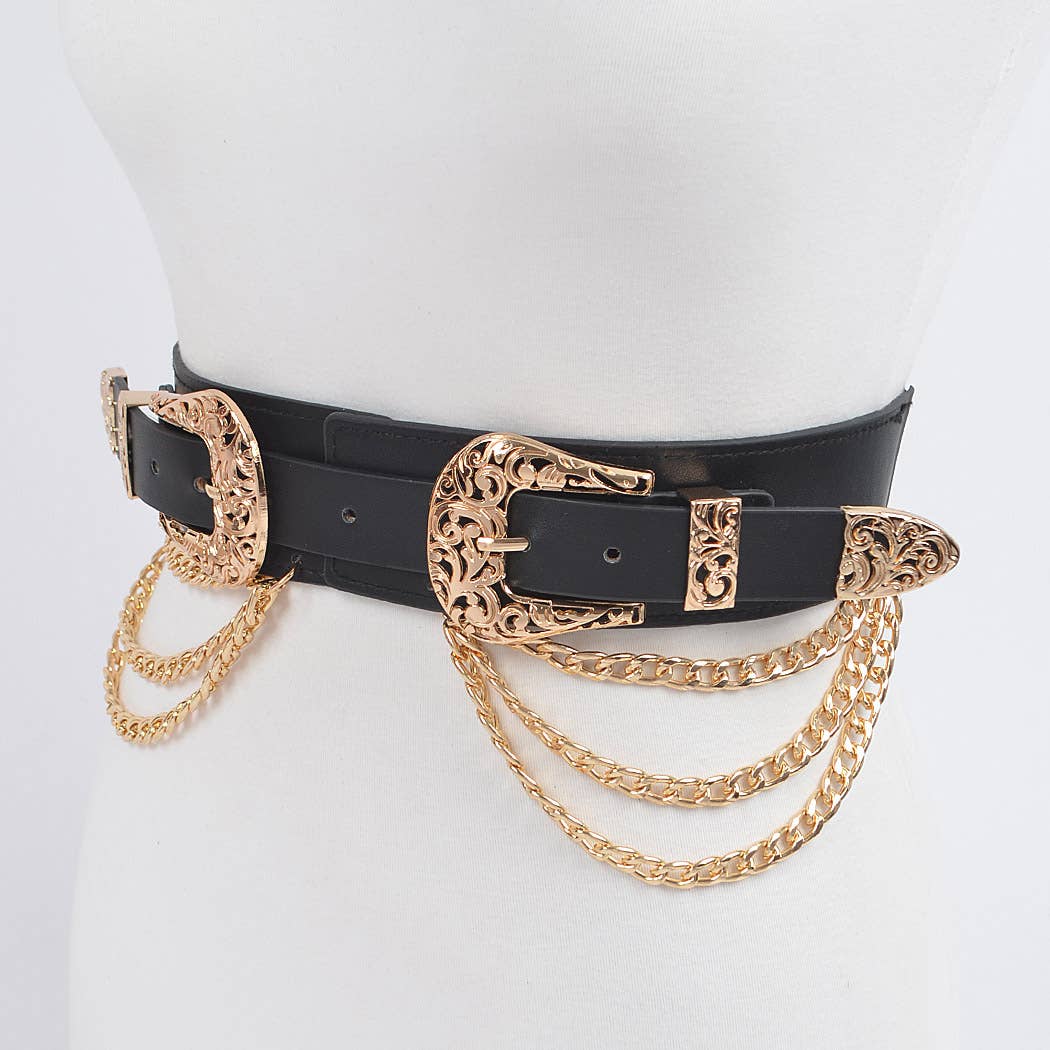 Multi Buckle Chain Layered Stretch Belt - Black/Gold