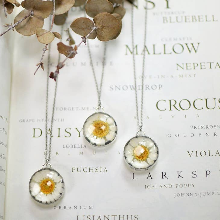 Real Daisy Flower Glass Necklace - La De Da