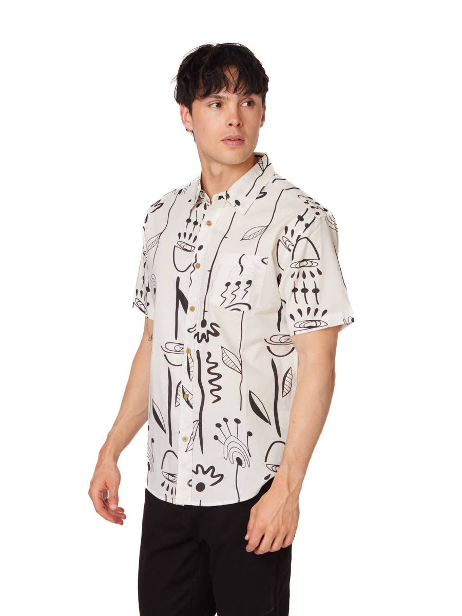 Men's Woven Printed Short Sleeve Shirt - Black & White Doodle