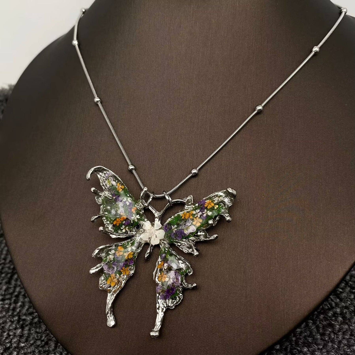 Dried Floral Silver Butterfly Charm Necklace