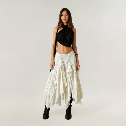 Asymmetrical Layered Lace Maxi Skirt - Light Beige