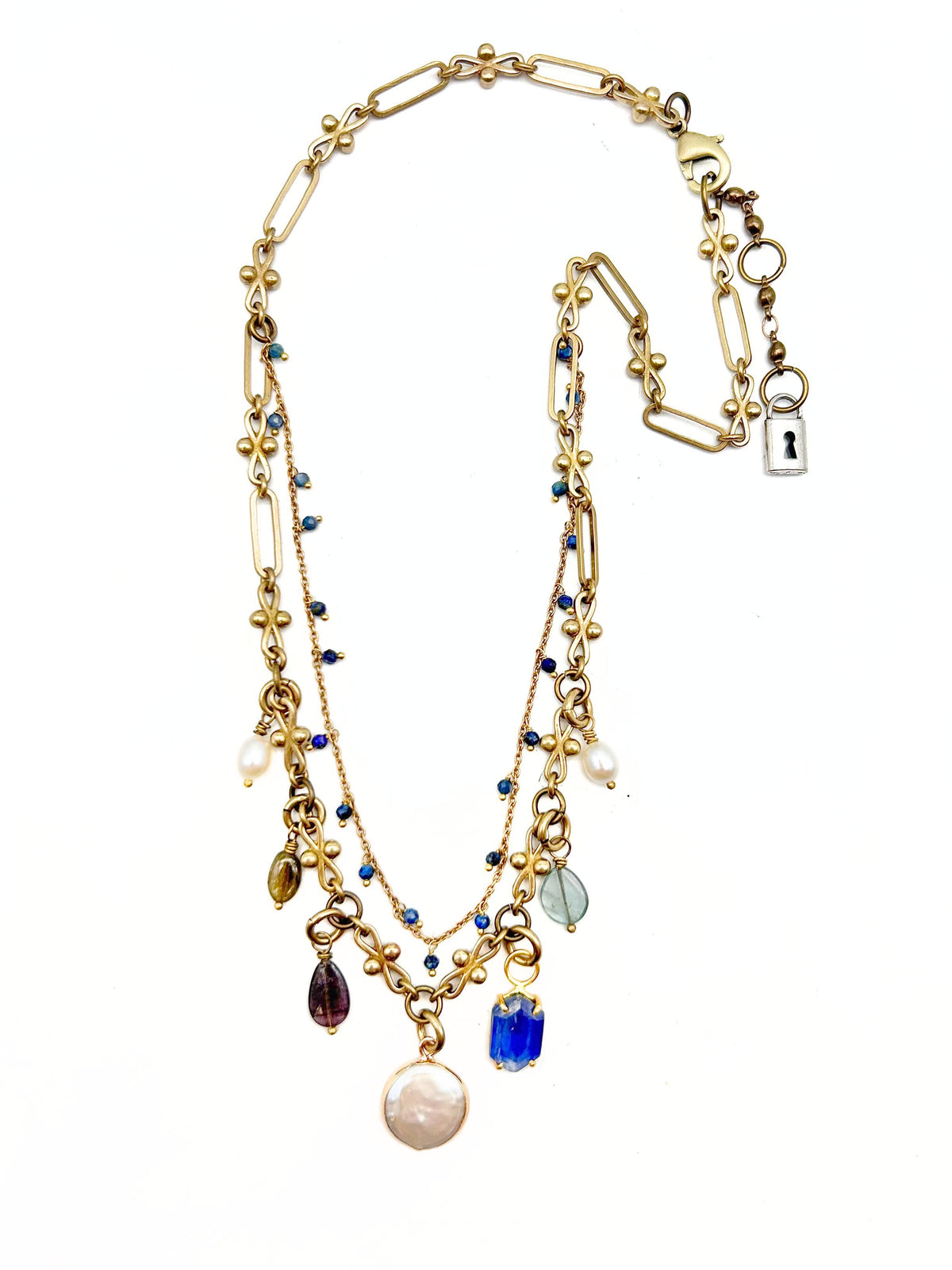 Double Strand Tourmaline & Pearl Charm Necklace - Garnet