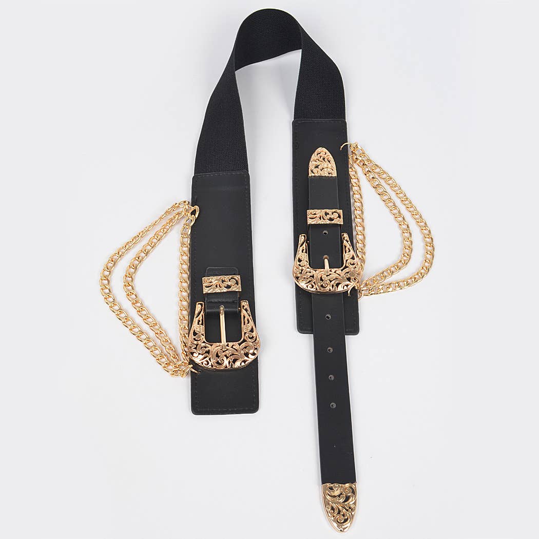 Multi Buckle Chain Layered Stretch Belt - Black/Gold