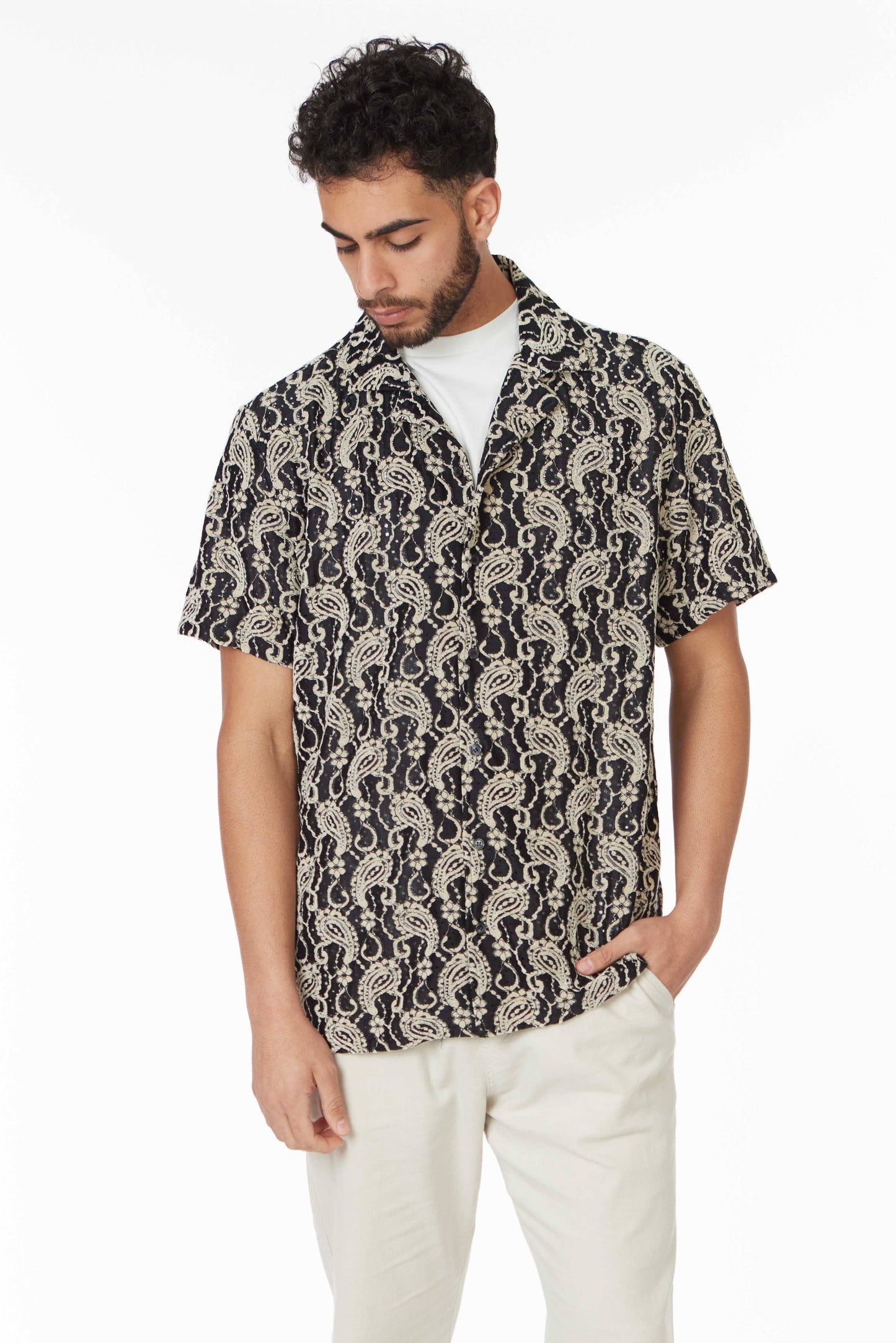 Crochet/Textured Short Sleeve Men's Shirt - Black/Beige