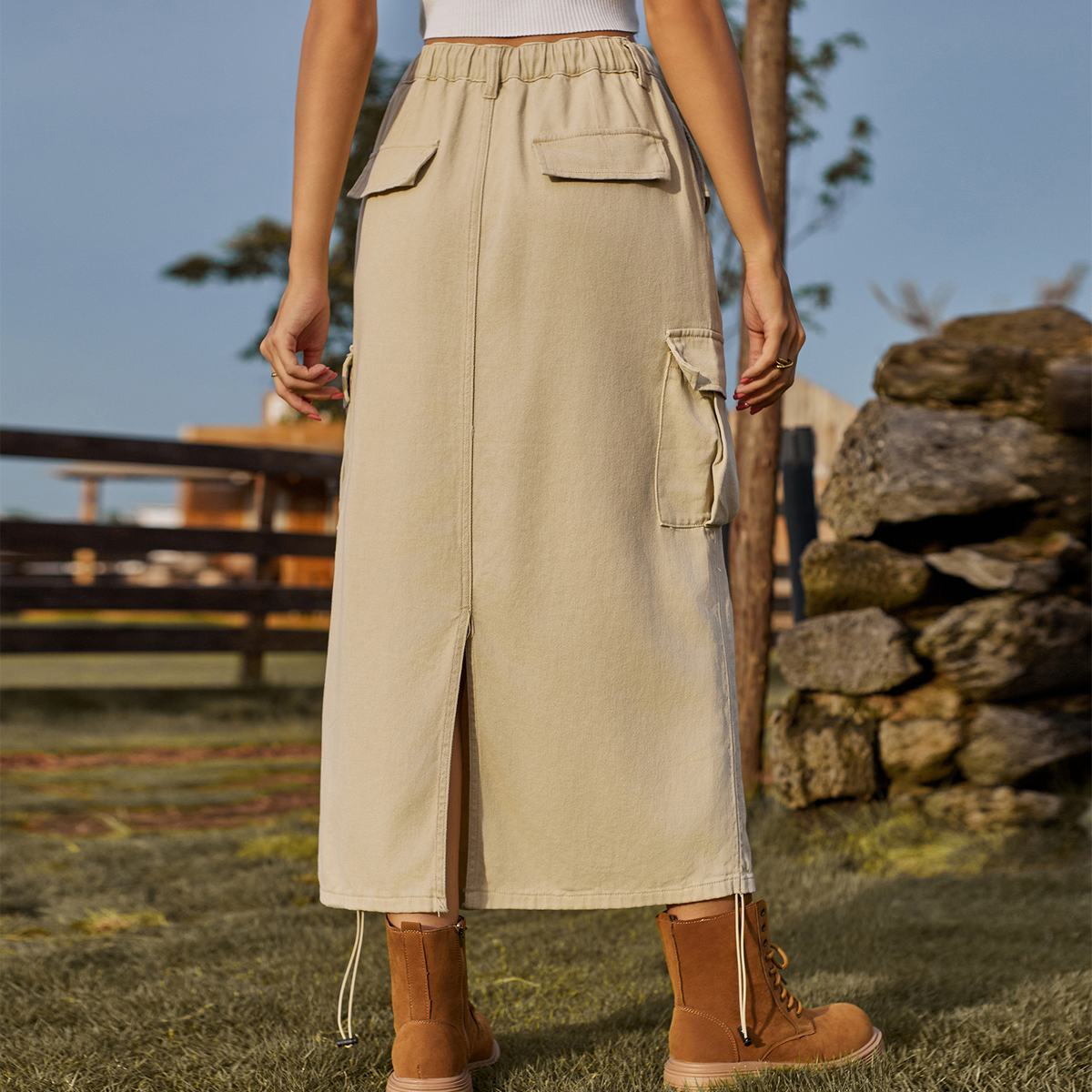 Women’s Cargo Midi Skirt Drawstring Elastic Waist