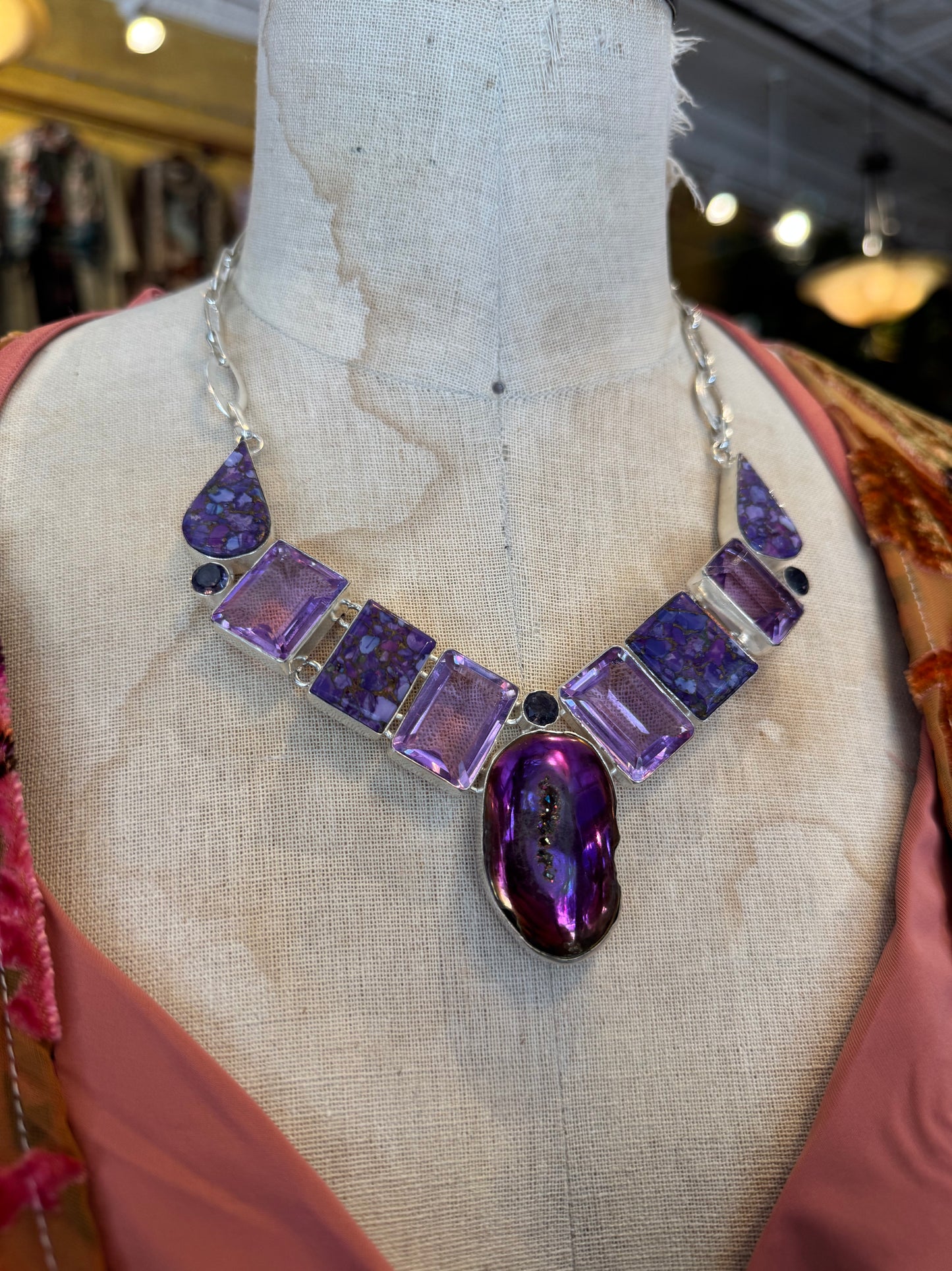 Aura Geode, Purple Jasper, Purple Faceted Glass Cluster Necklace