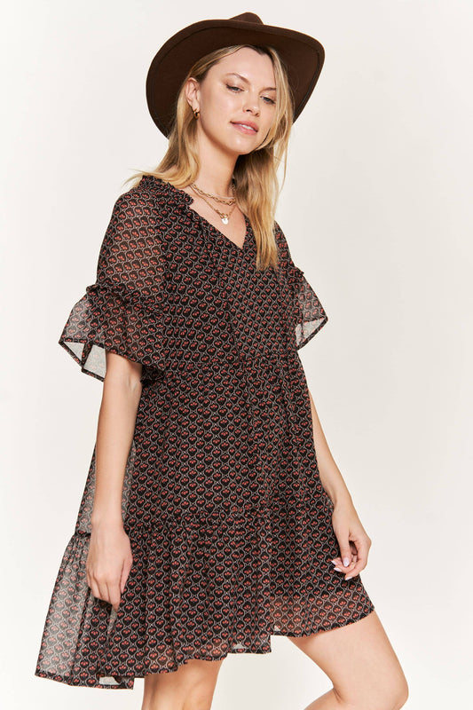 PLUS Floral Print V-Neck Mini Dress - Black