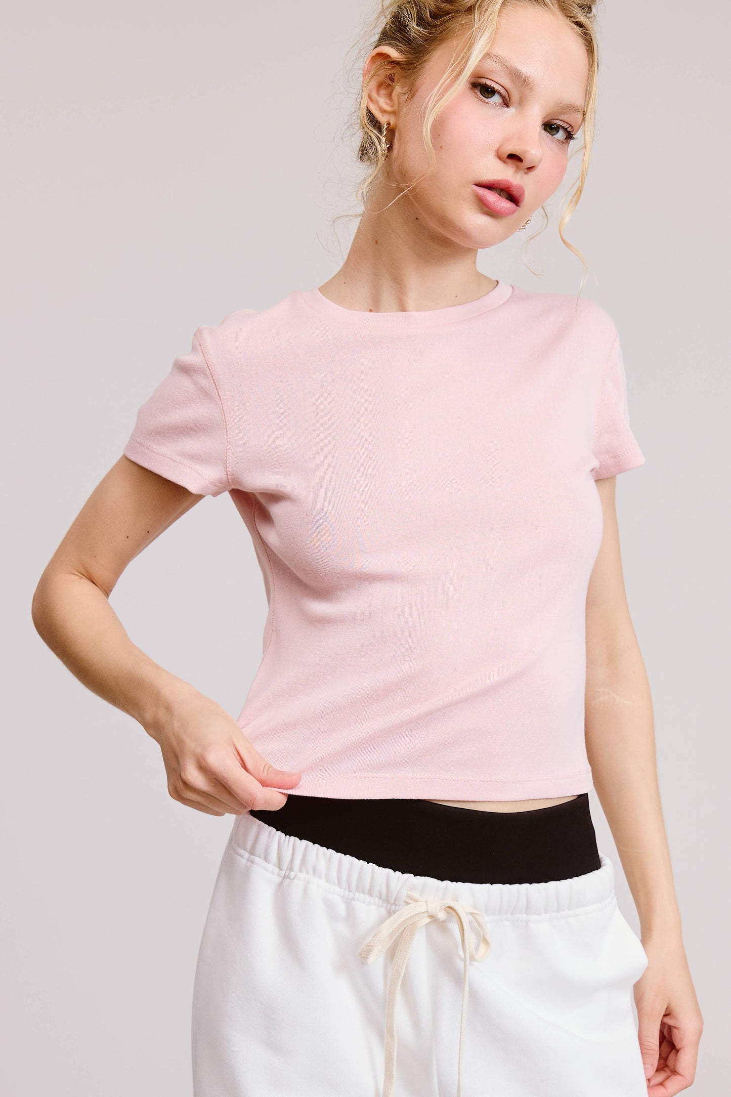 Short Sleeve, Solid Knit Baby Tee - Baby Pink
