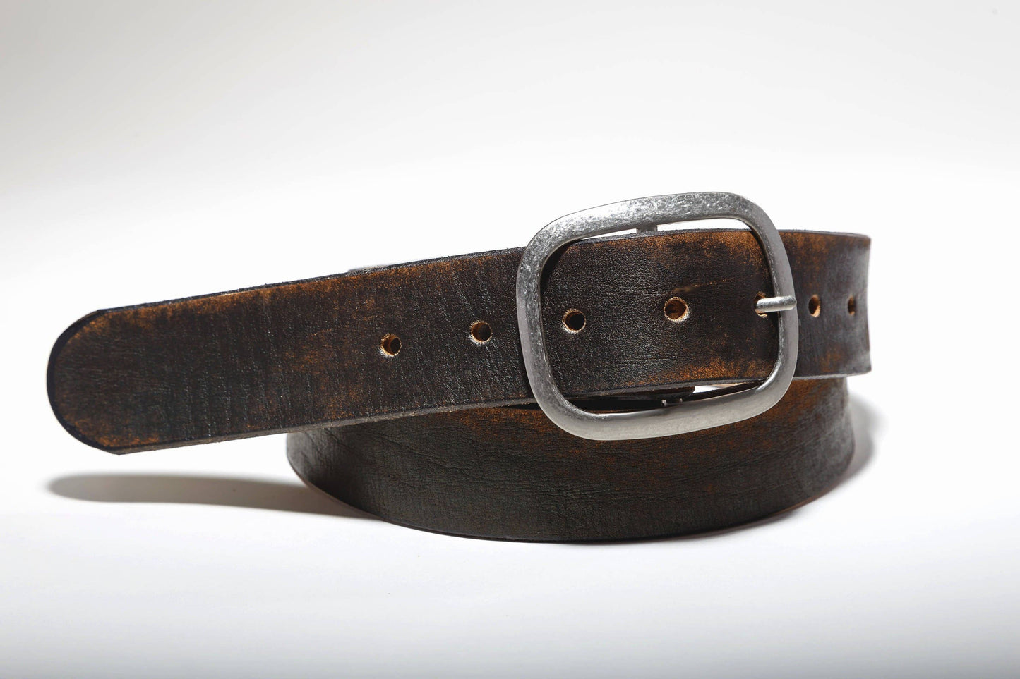 Vintage Distressed Black Brown Leather Belt with Antique Silver Buckle