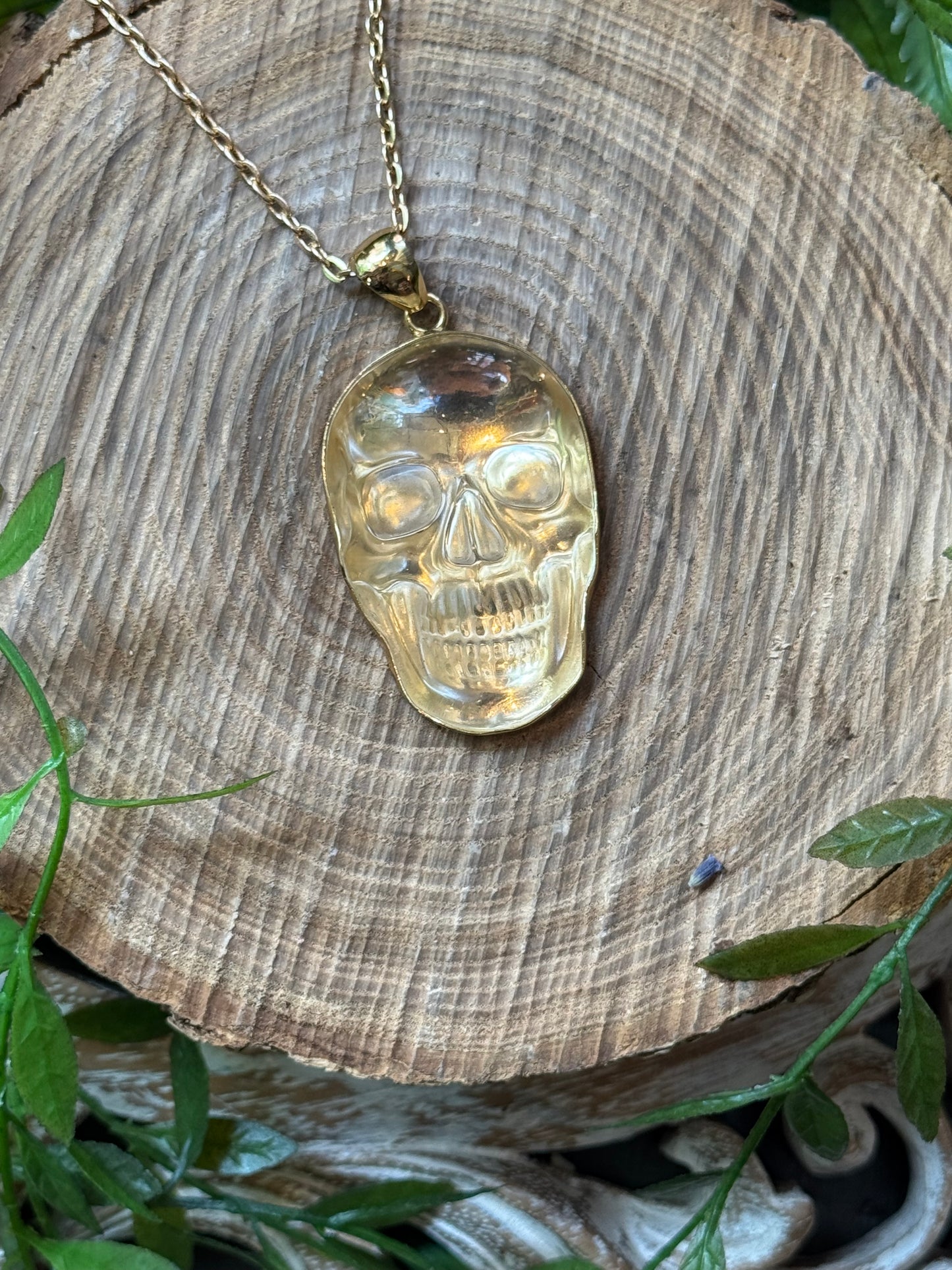 Clear Quartz Golden Skull Necklace