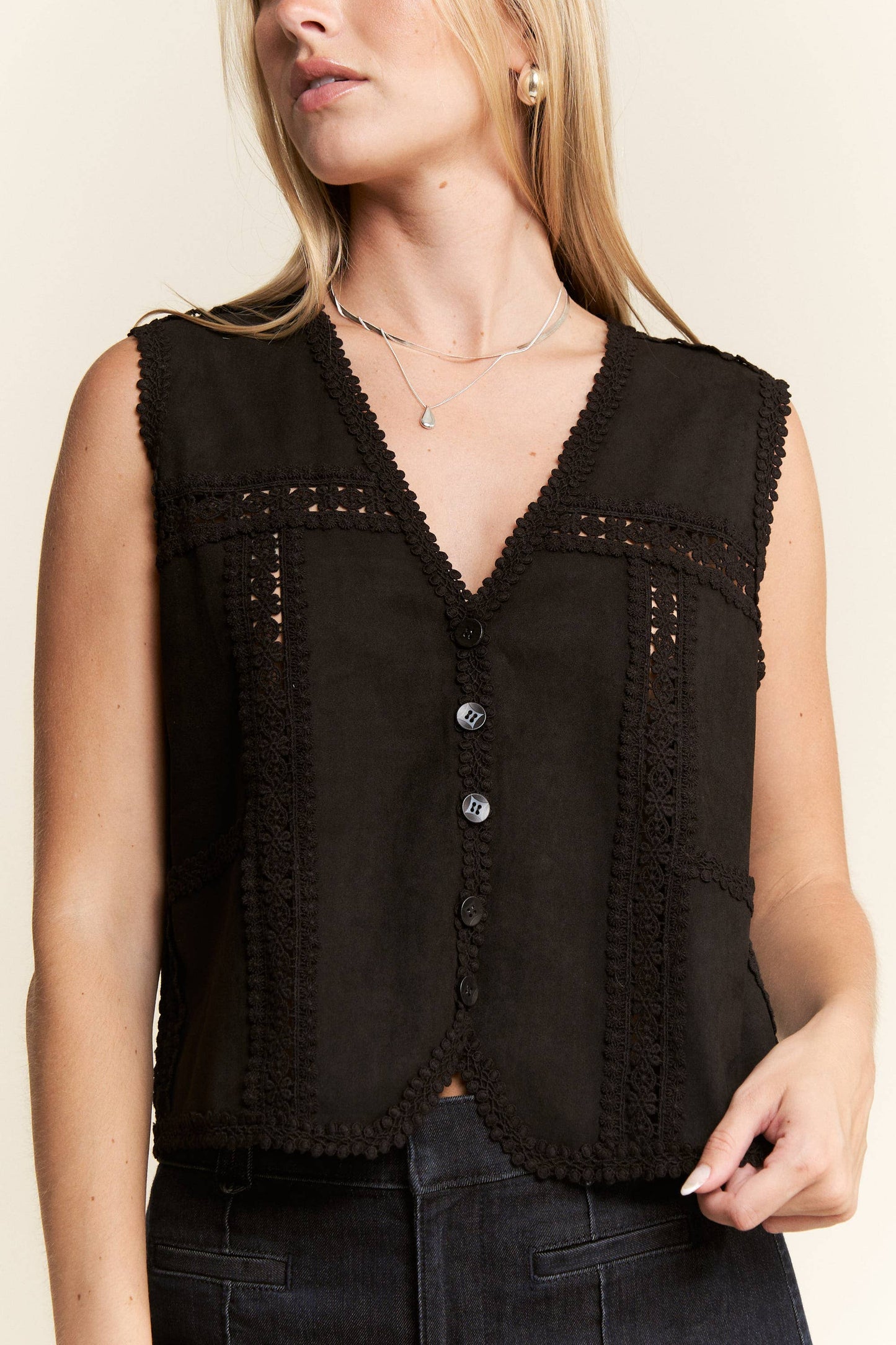 PLUS Suede Vest With Lace Trim - Black