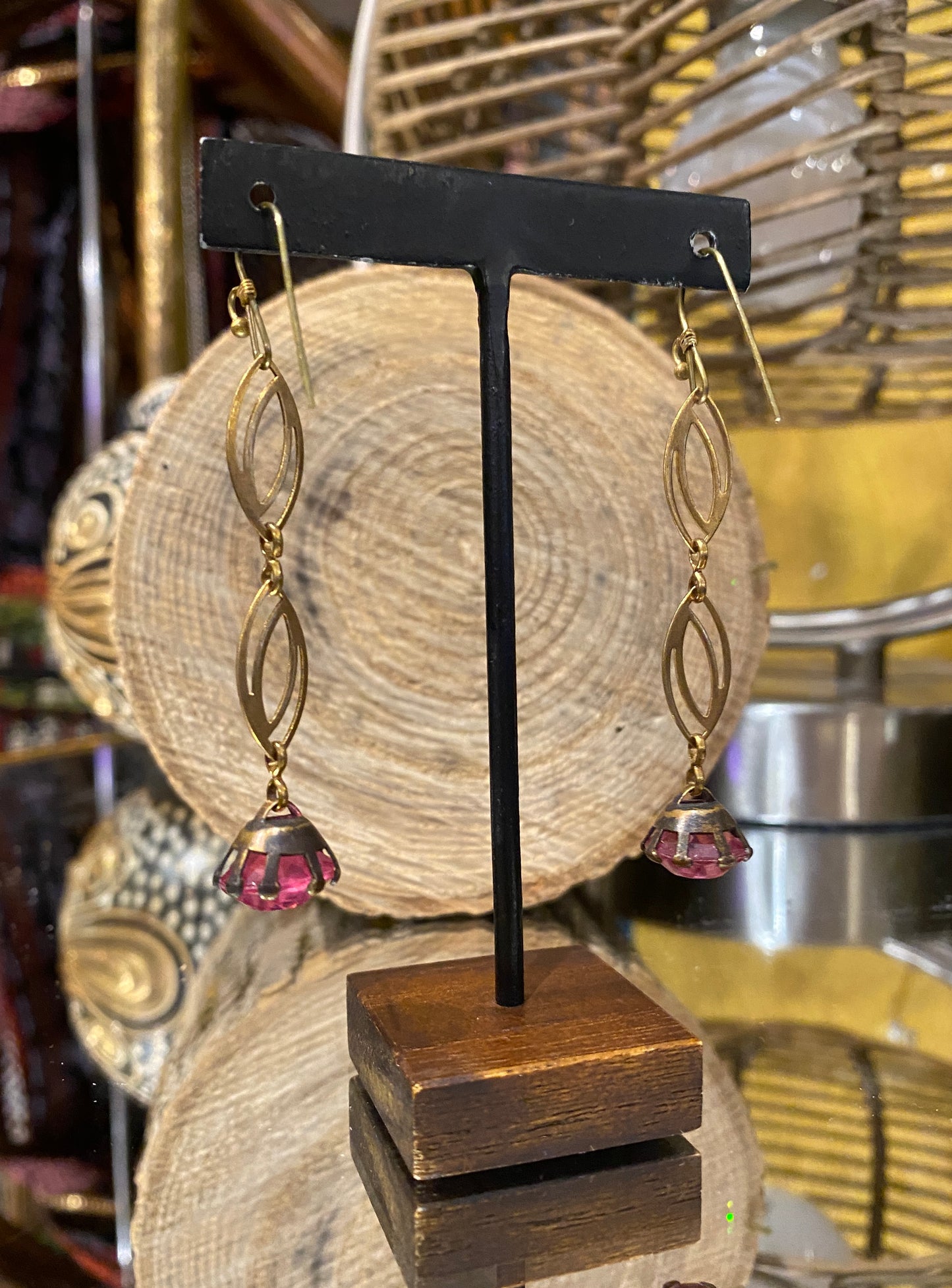 Vintage Glass & Brass Chain Earrings - Pink