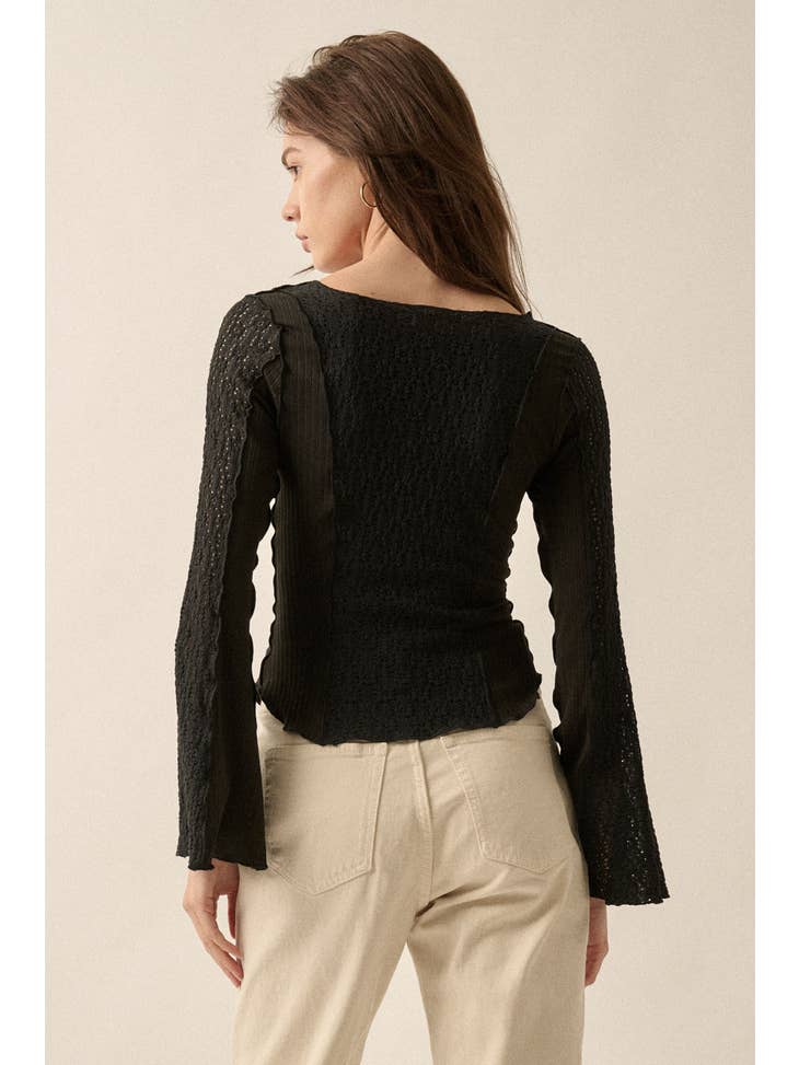 Black Floral Lace Bell-Sleeve Top - La De Da
