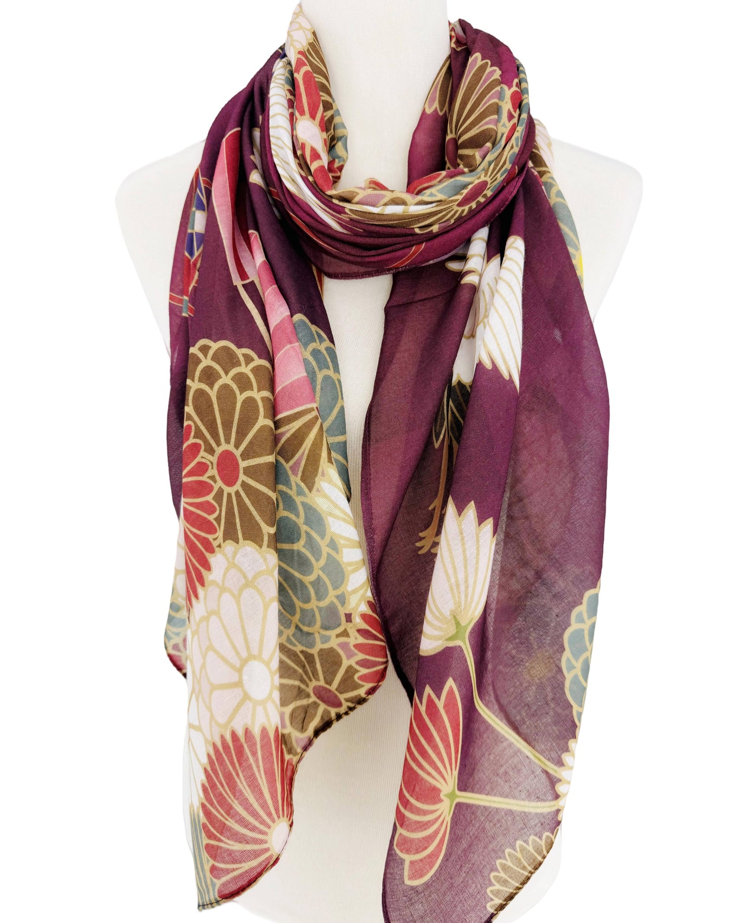 Burgundy-Multi Crane & Floral Scarf