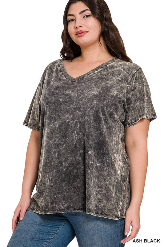 Plus Size Washed Short Sleeve V Neck Top - ASH BLACK
