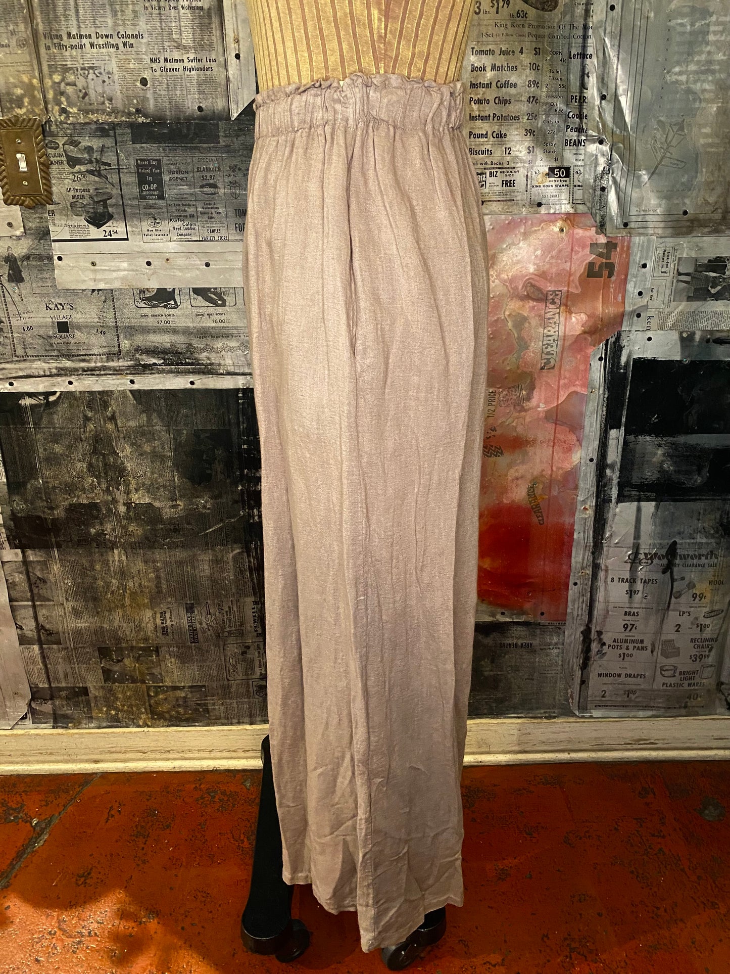 Linen, Elastic Waist Palazzo Pants - Taupe