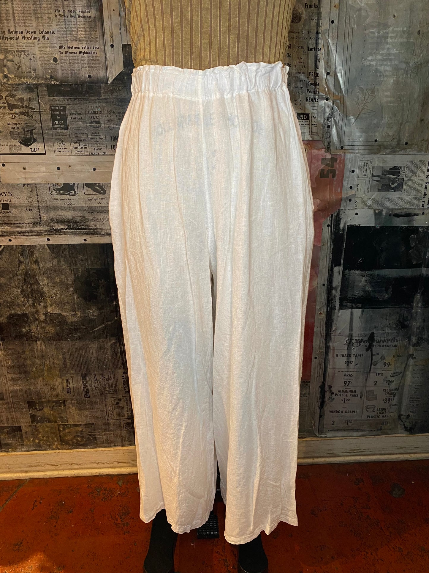 Linen, Elastic Waist Palazzo Pants - White