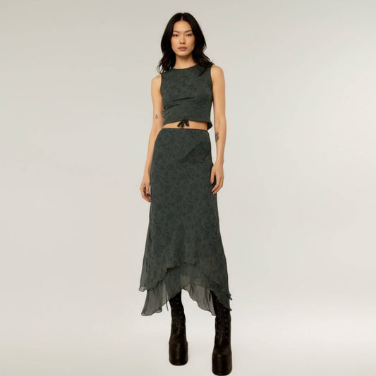 Asymmetrical Midi Skirt with Layered Chiffon- Olive Green