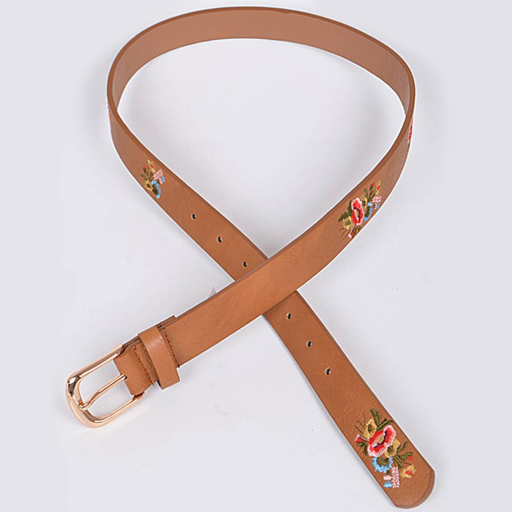 Plain Belt With Flower Details - Camel