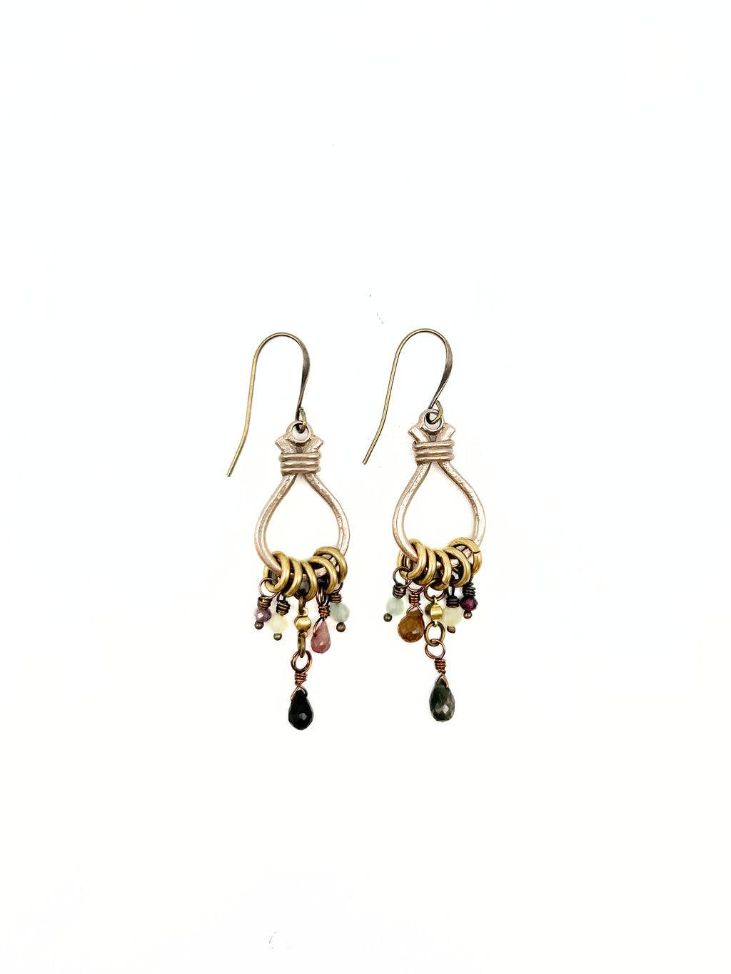 Wrapped Loop Bronze earrings with stone cluster - Multi Tourmaline