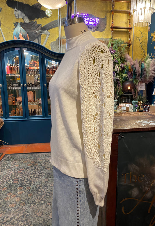 Crochet Sleeve Mock Neck - Ecru