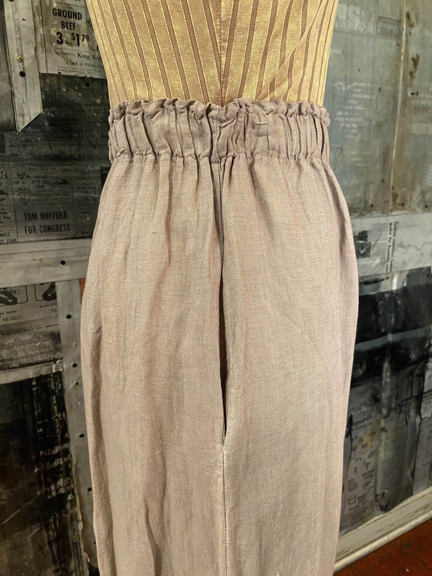 Linen, Elastic Waist Palazzo Pants - Taupe