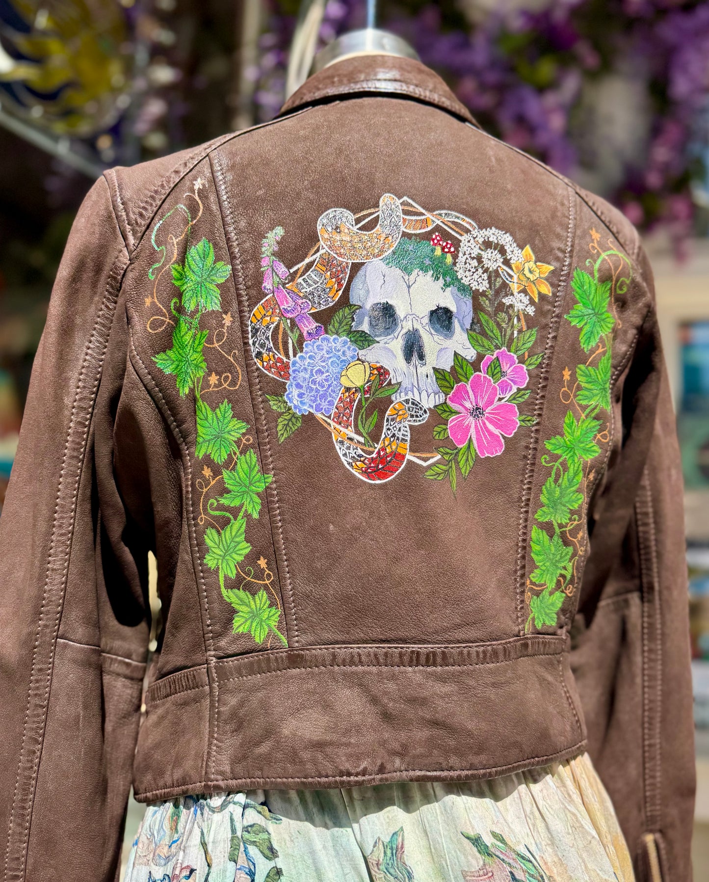 Painted Floral Skull & Snake Brown M. Leather Fringe Jacket - Hannah King*