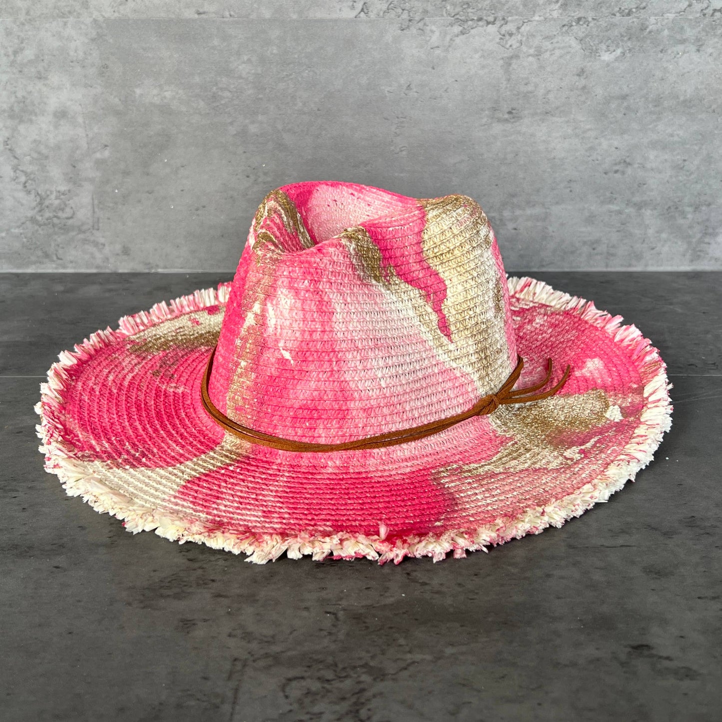 Marbled Straw Fringe Rancher Hat - Pink