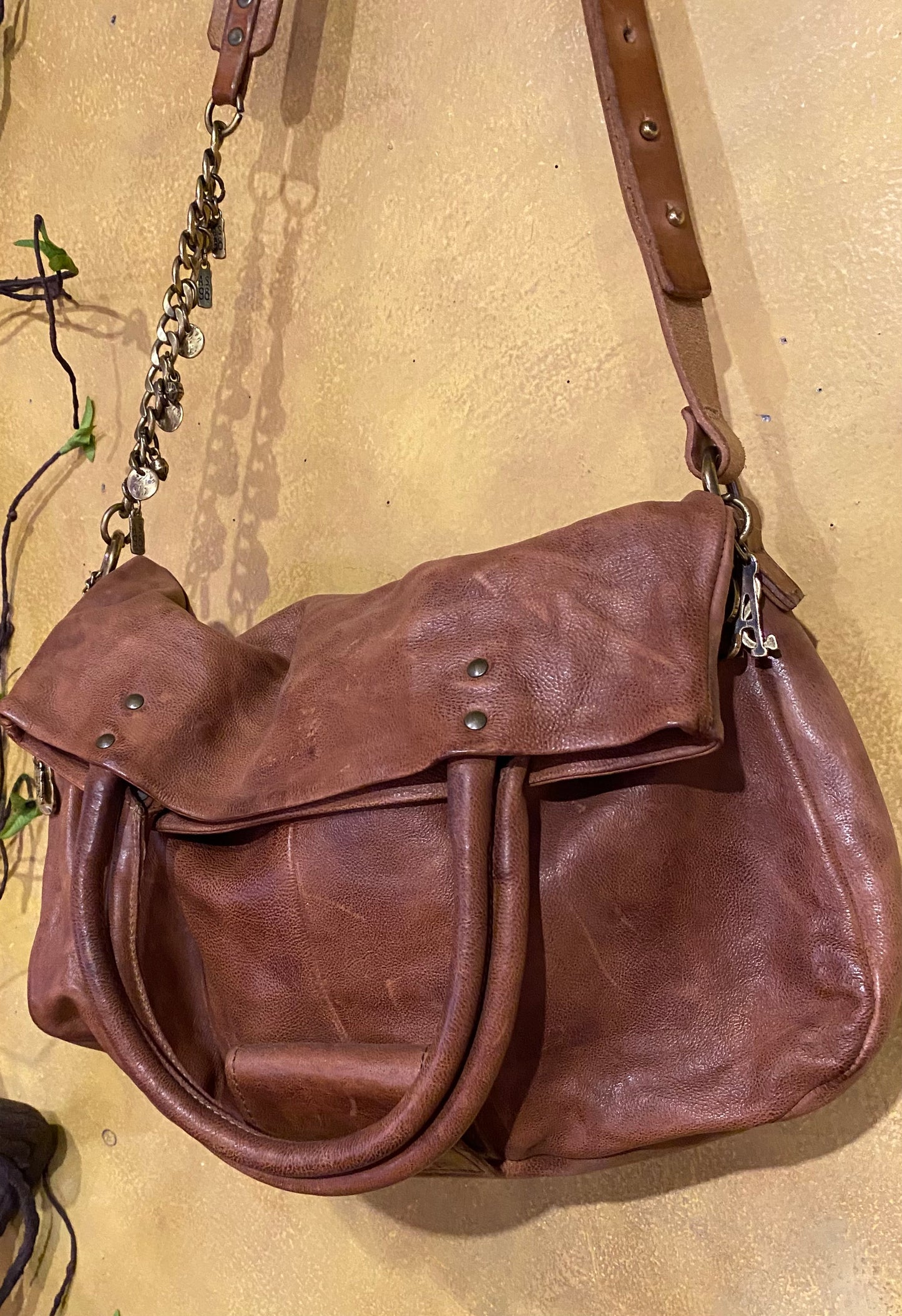 Folded Top Leather Crossbody Bag - Camel