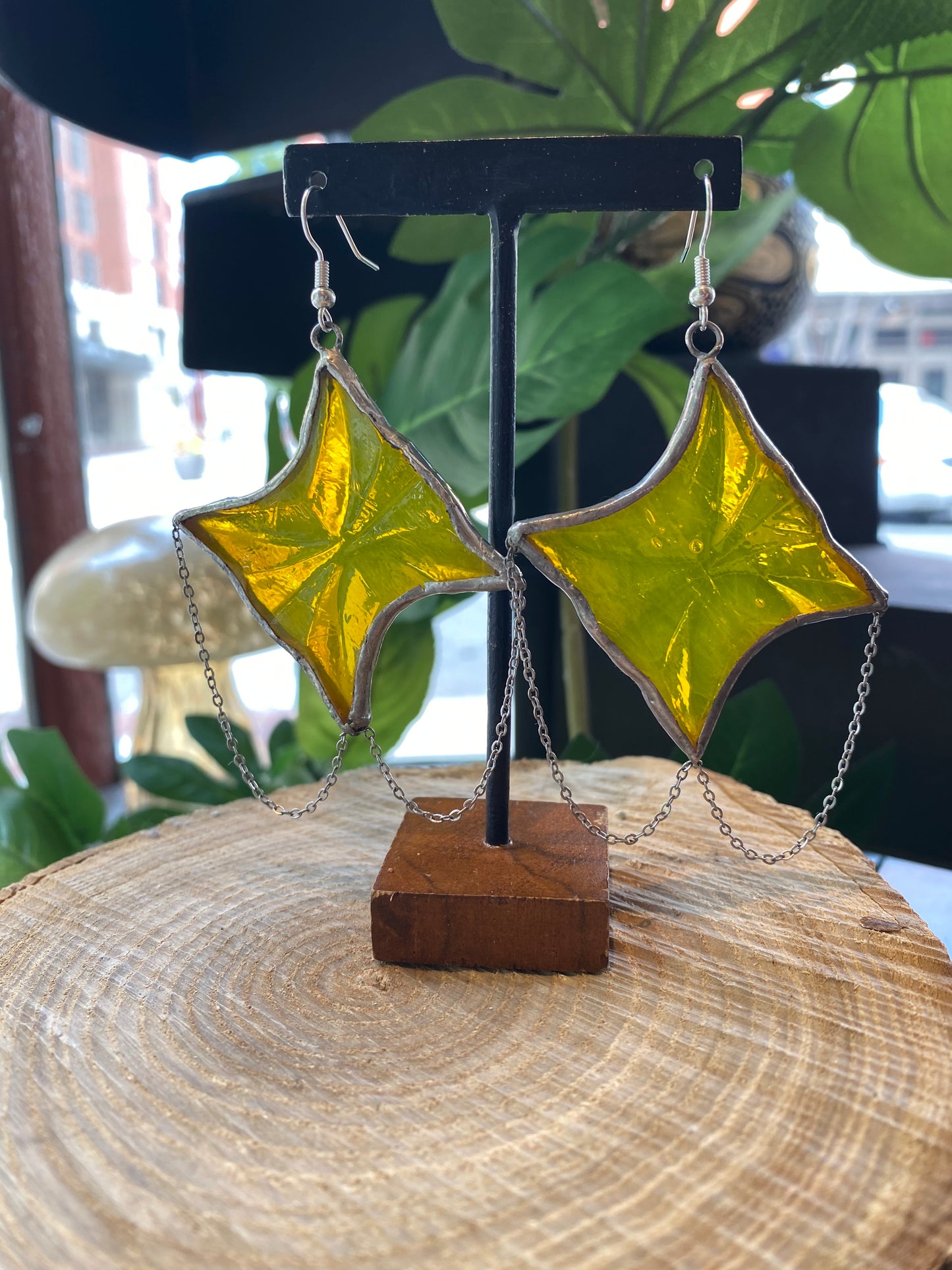 Yellow Starburst Glass Earrings with Chains - KC05*