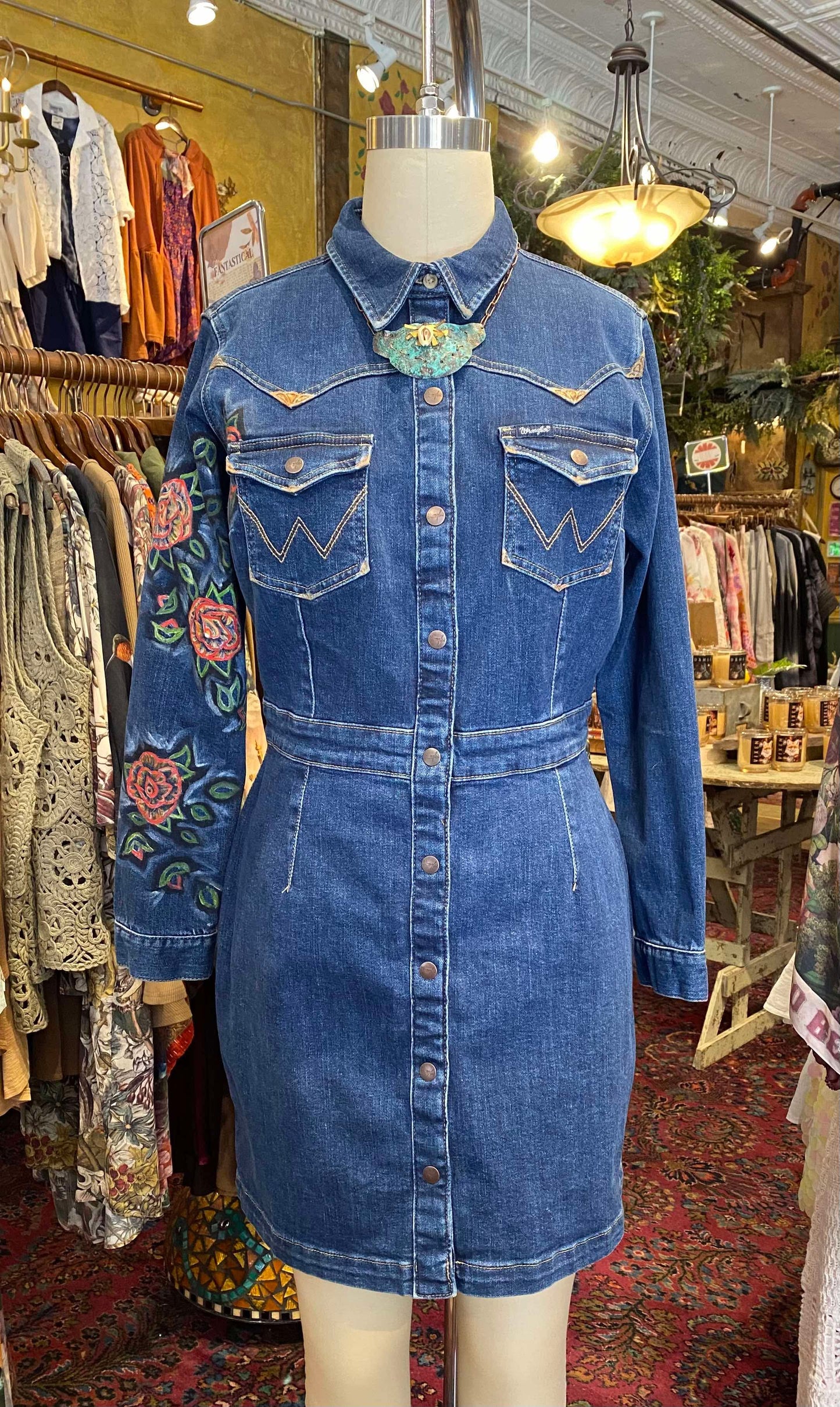 Floral Wrangler Blue Denim Short Dress -Chelsea Dudley Art*