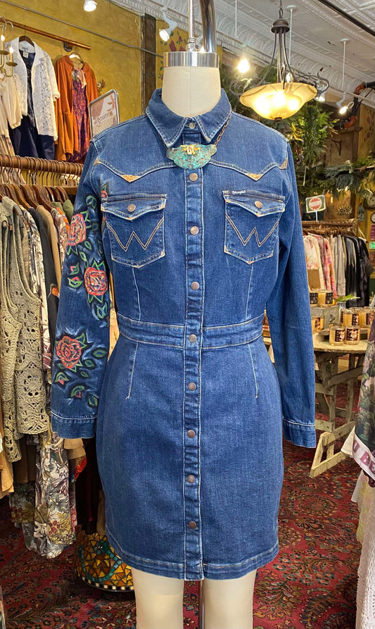 Floral Wrangler Blue Denim Short Dress -Chelsea Dudley Art*