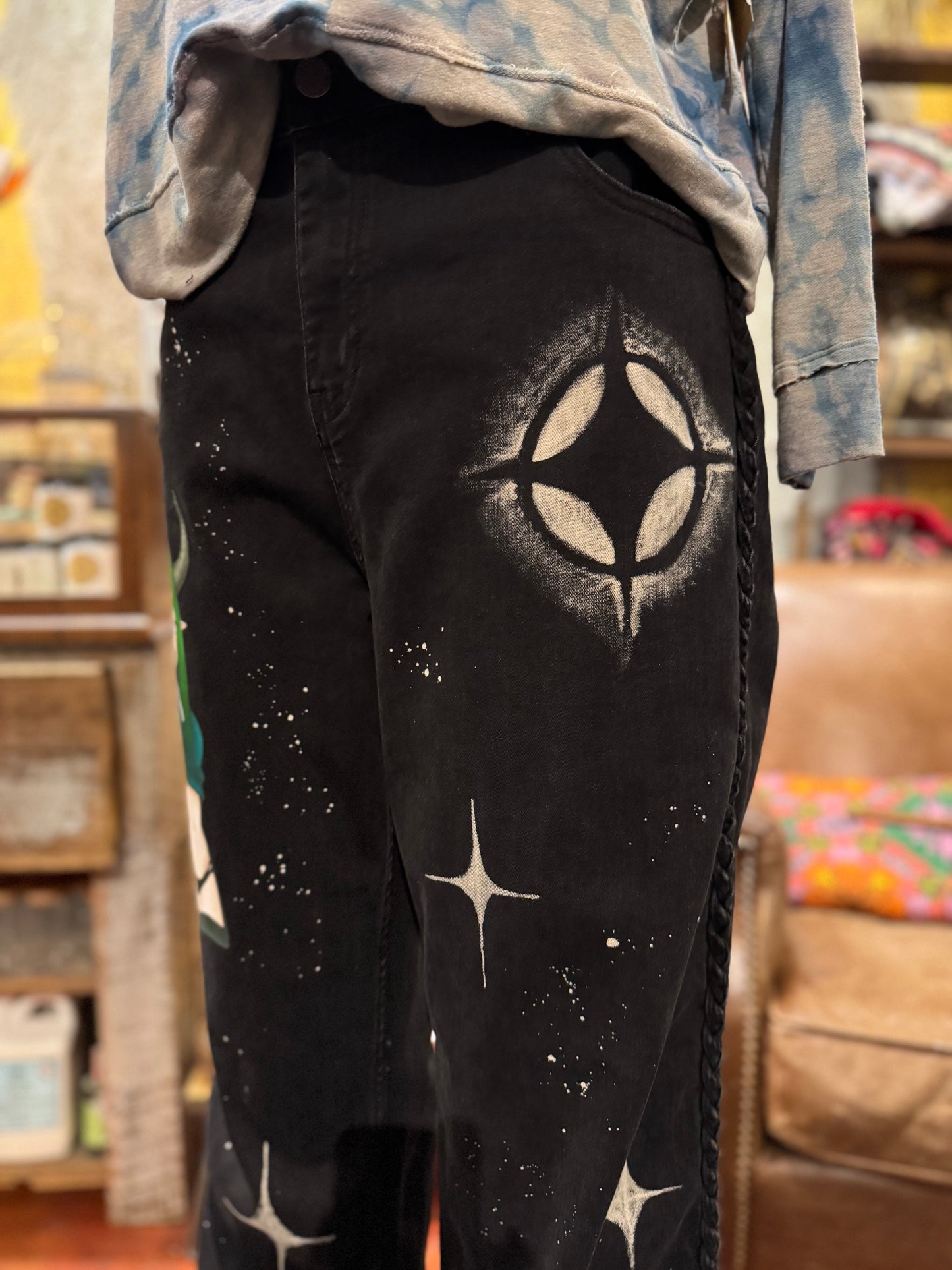 Anime with Stars Braided Black Jeans -Laura Bruce*